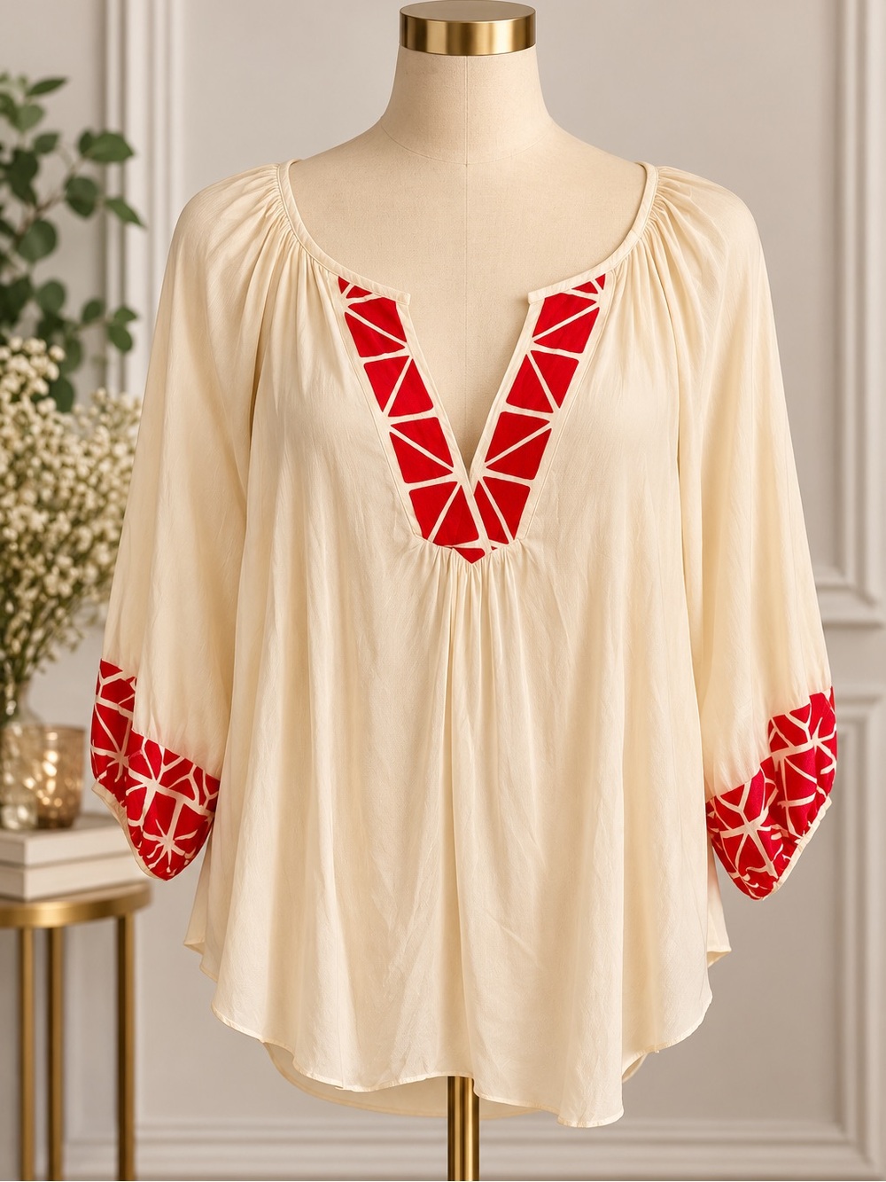 Alice & Trixie Cream Peasant Blouse with Red Geometric Trim